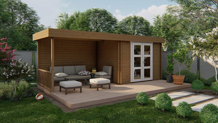Blokhut Maja met Overkapping 320 x 240 x 228 cm + Luifel 320 cm Wanddikte 28 mm