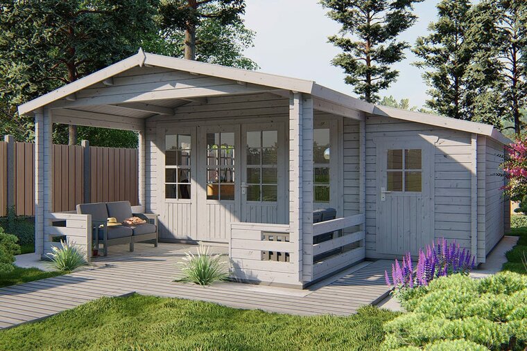 Blokhut Manchester 594 x 440 x 263 cm + Luifel 223 cm Wanddikte 58 mm - Tuinhuis