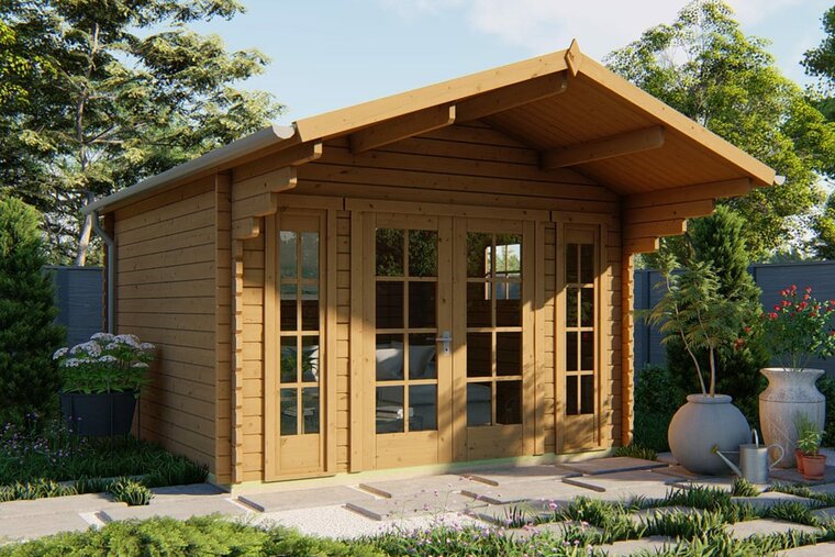 Blokhut S&ouml;ren 380x380 cm + luifel 150 cm - Tuinhuis