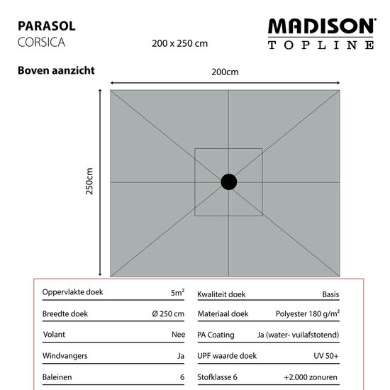 Madison Corsica push-up parasol 200x250 cm light grey