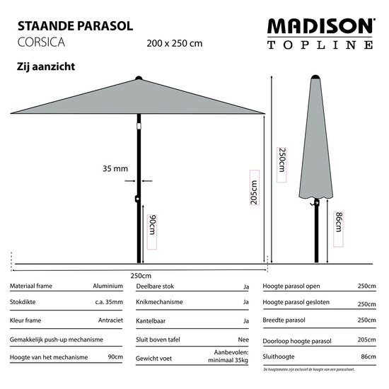 Madison Corsica push-up parasol 200x250 cm ecru