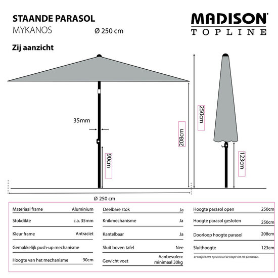 Madison Mykanos push-up parasol &Oslash;250 cm grey