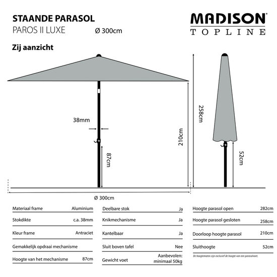 Madison Paros II luxe auto tilt parasol &Oslash;300 cm light grey