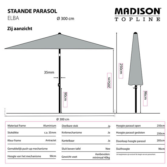 Madison Elba push-up parasol &Oslash;300 cm light grey