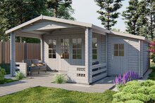 Blokhut Manchester 594 x 440 x 263 cm + Luifel 223 cm Wanddikte 58 mm - Tuinhuis