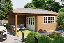 Blokhut Torkel met Overkapping 700 x 420 cm - Tuinhuis met Wolfskap dak