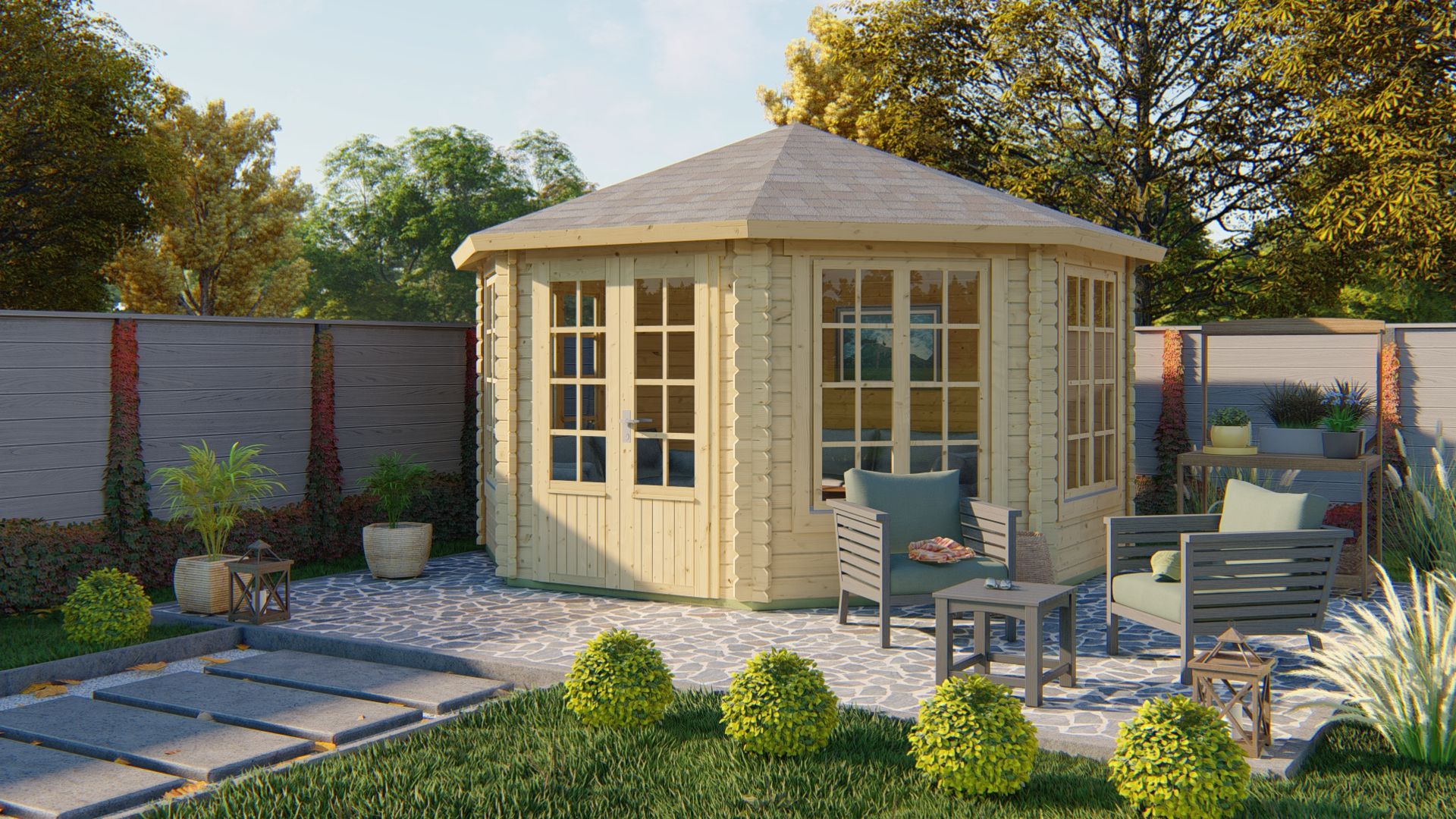 Blokhut Lynn 418 x 418 x 306 cm met piramidedak Wanddikte 44 mm - Tuinhuis
