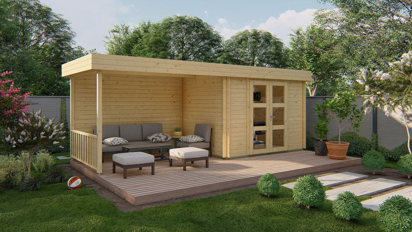 Blokhut Maja met Overkapping 320 x 240 x 228 cm + Luifel 320 cm Wanddikte 28 mm