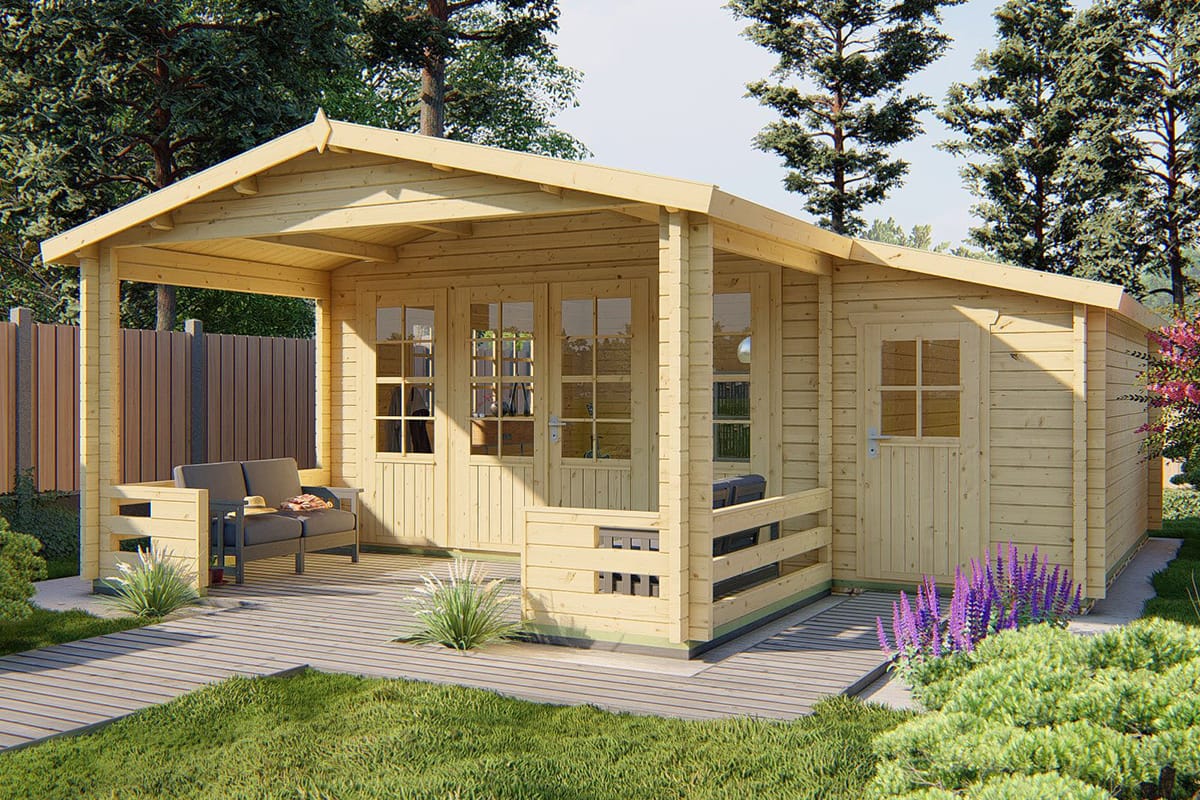 Blokhut Manchester 594 x 440 x 263 cm + Luifel 223 cm Wanddikte 58 mm - Tuinhuis