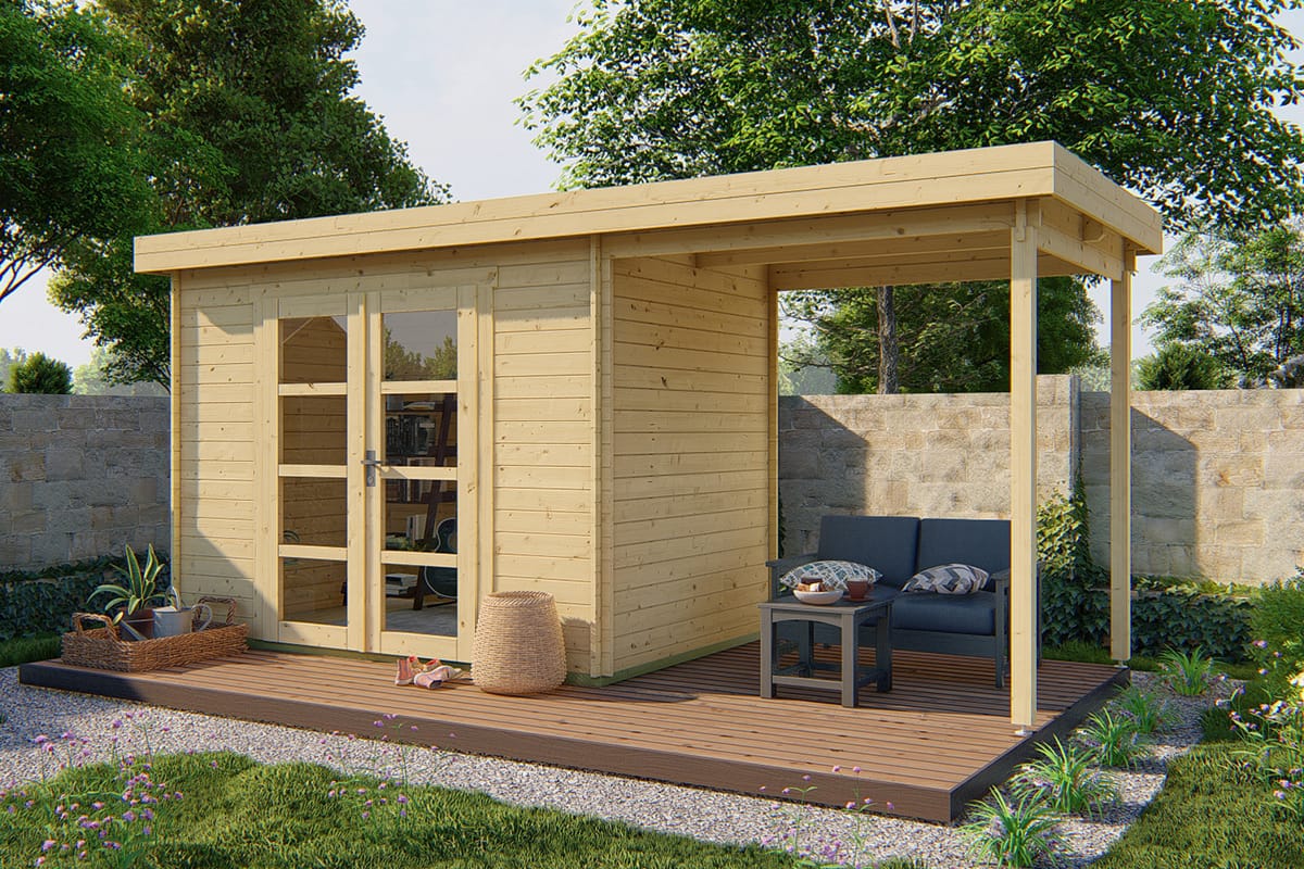 Blokhut Middelmodern 300 x 200 x 230 cm met zijluifel 200 cm - Tuinhuis
