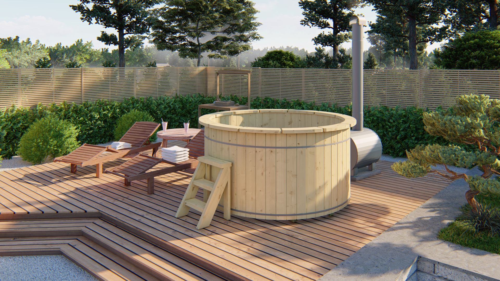 Hottub / Spa vurenhout ø200xH105cm met externe aluminium kachel