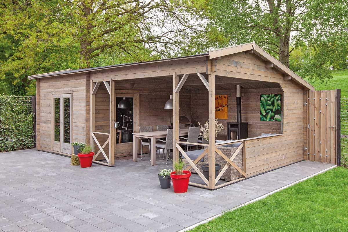 Blokhut Mokka 900 x 400 x 279 cm - Kapschuur Tuinhuis met overkapping