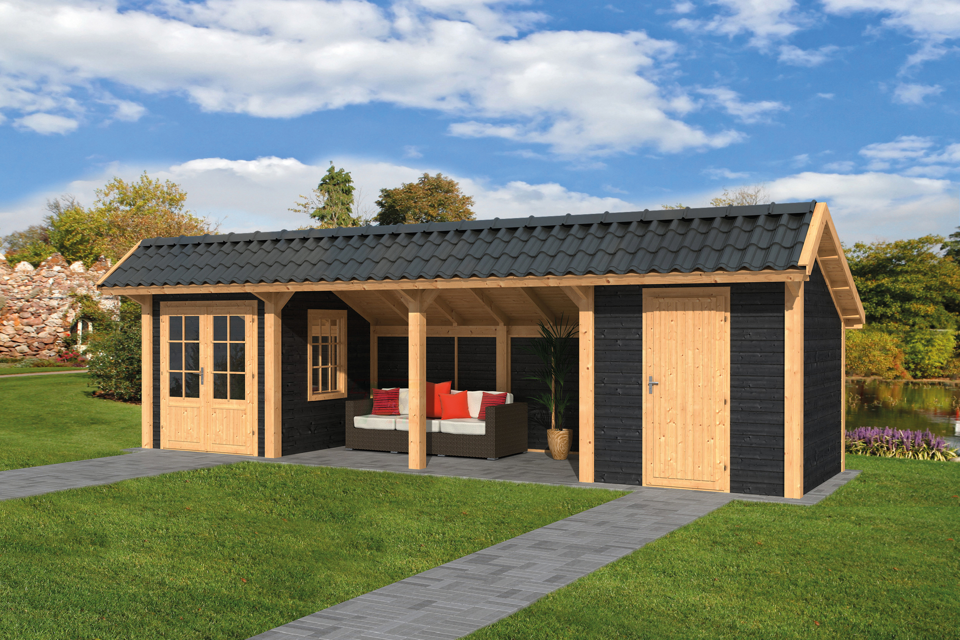 Kapschuur Bergen L, type 12 - 880 x 318 cm - Zwart gespoten Douglas