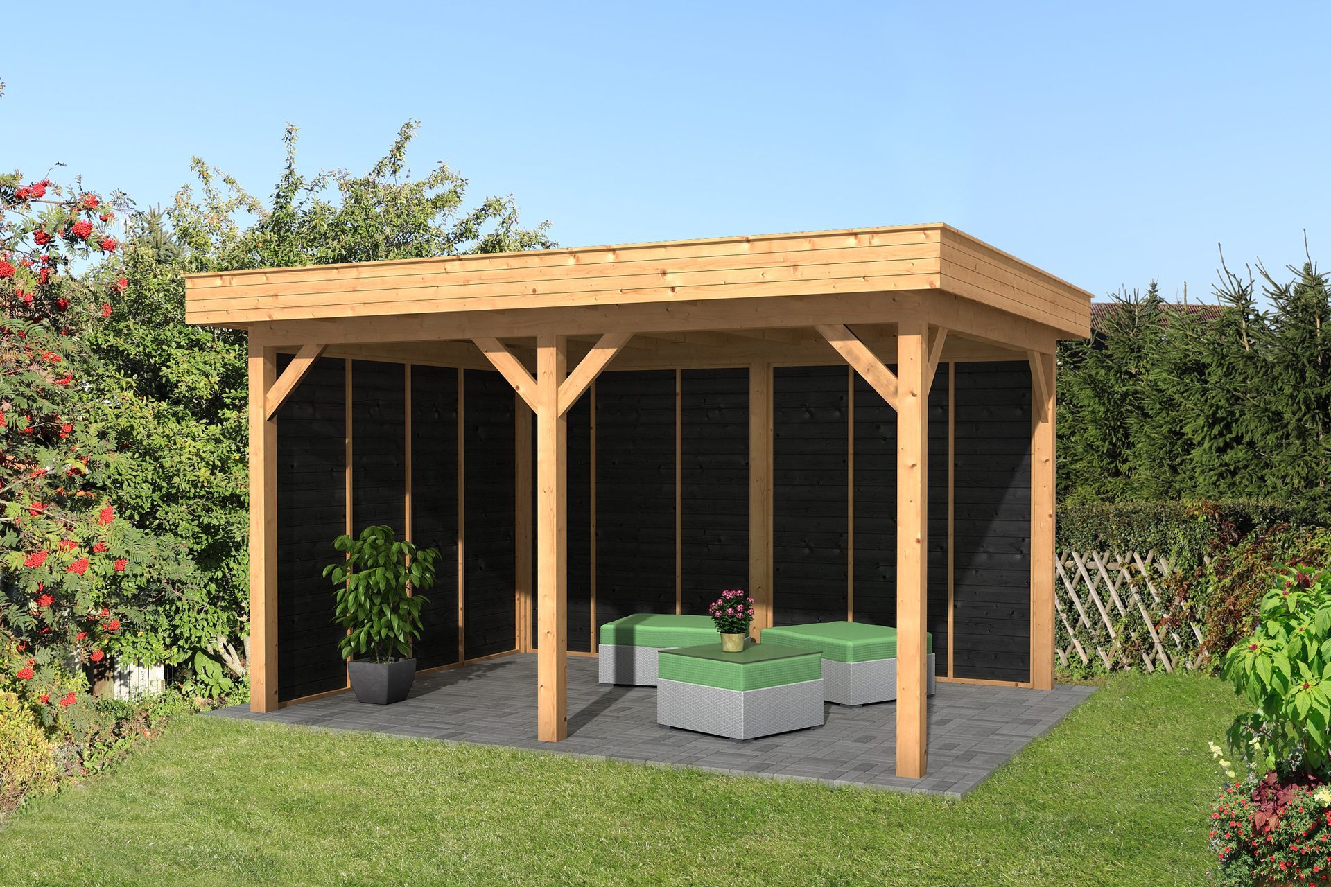 Overkapping Oslo L, type 3 - 470 x 371 cm - Zwart gespoten Douglas