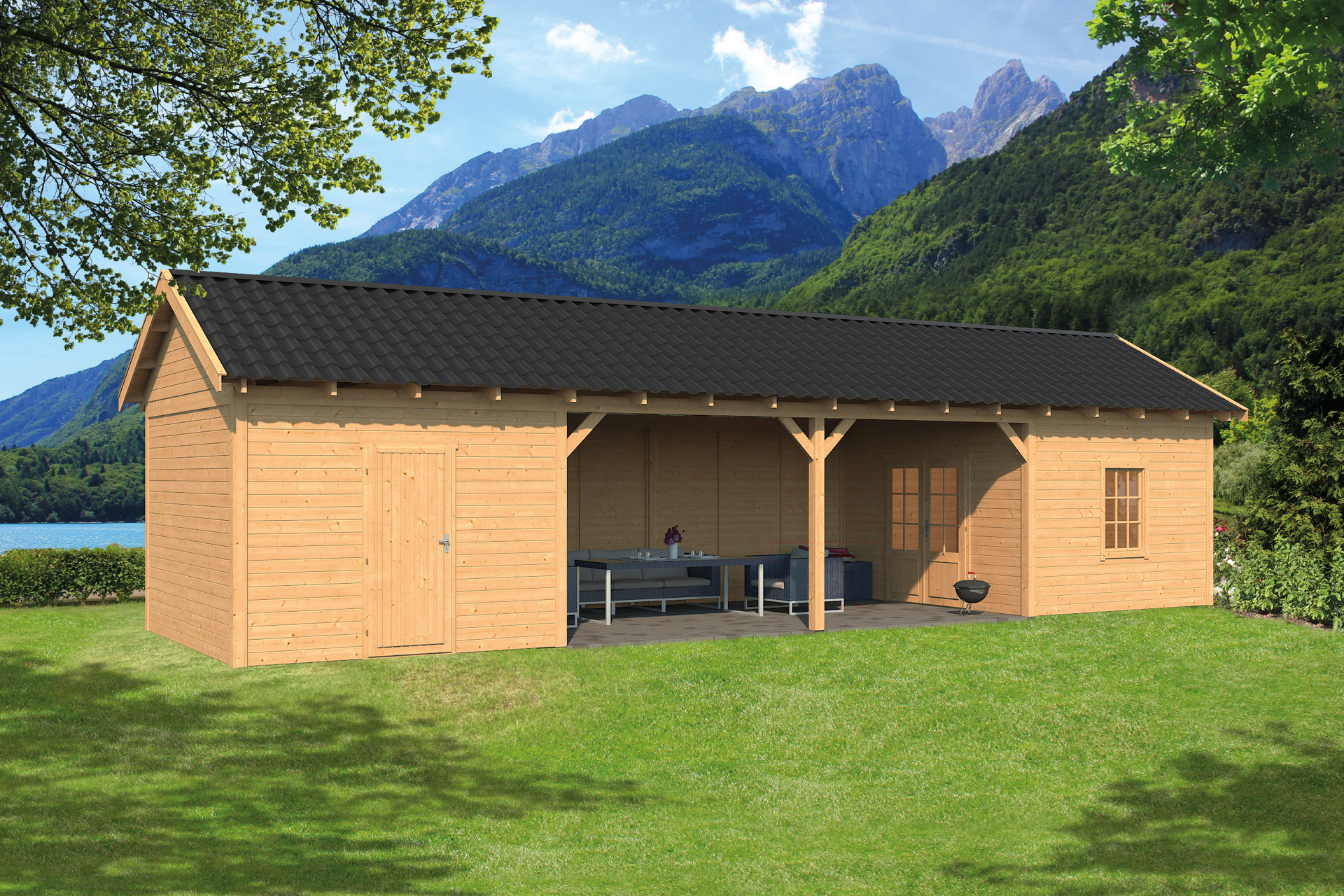 Overkapping Zadeldak Hamar XL , Type 12  - 1303 x 445 x 360 cm - Blanke wanden