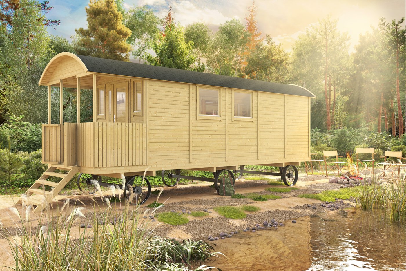 Pipowagen 720 x 240 cm met veranda - Zigeunerwagen Kathleen 