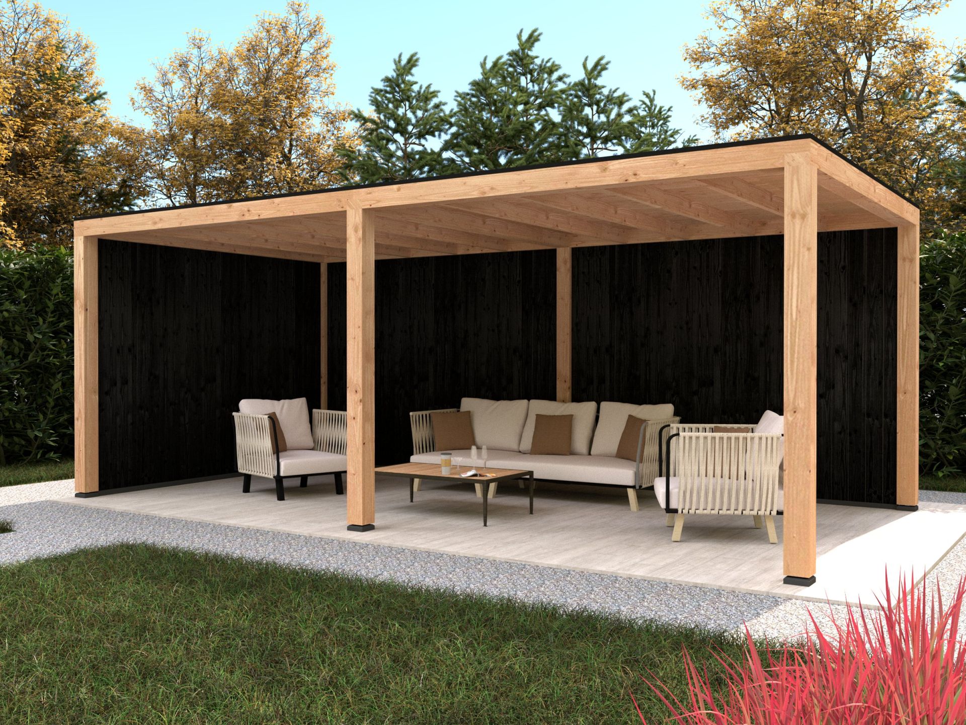 Overkapping Stavanger L, type 2 - 638 x 326 cm - Zwart gespoten Douglas