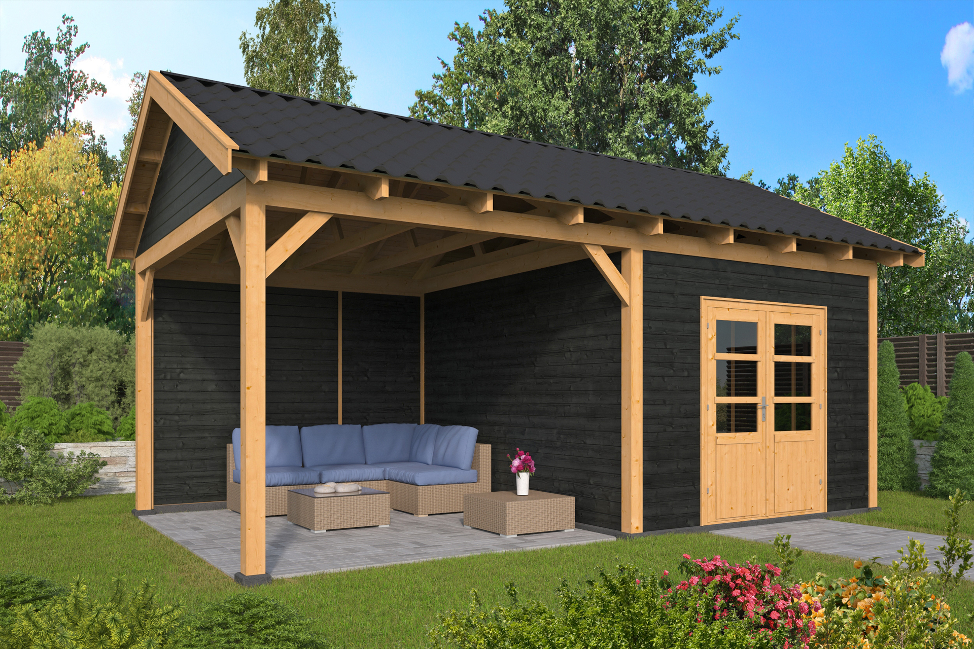 Overkapping Hamar XL type 3 Douglas 675 x 445 cm - Zwarte wanden