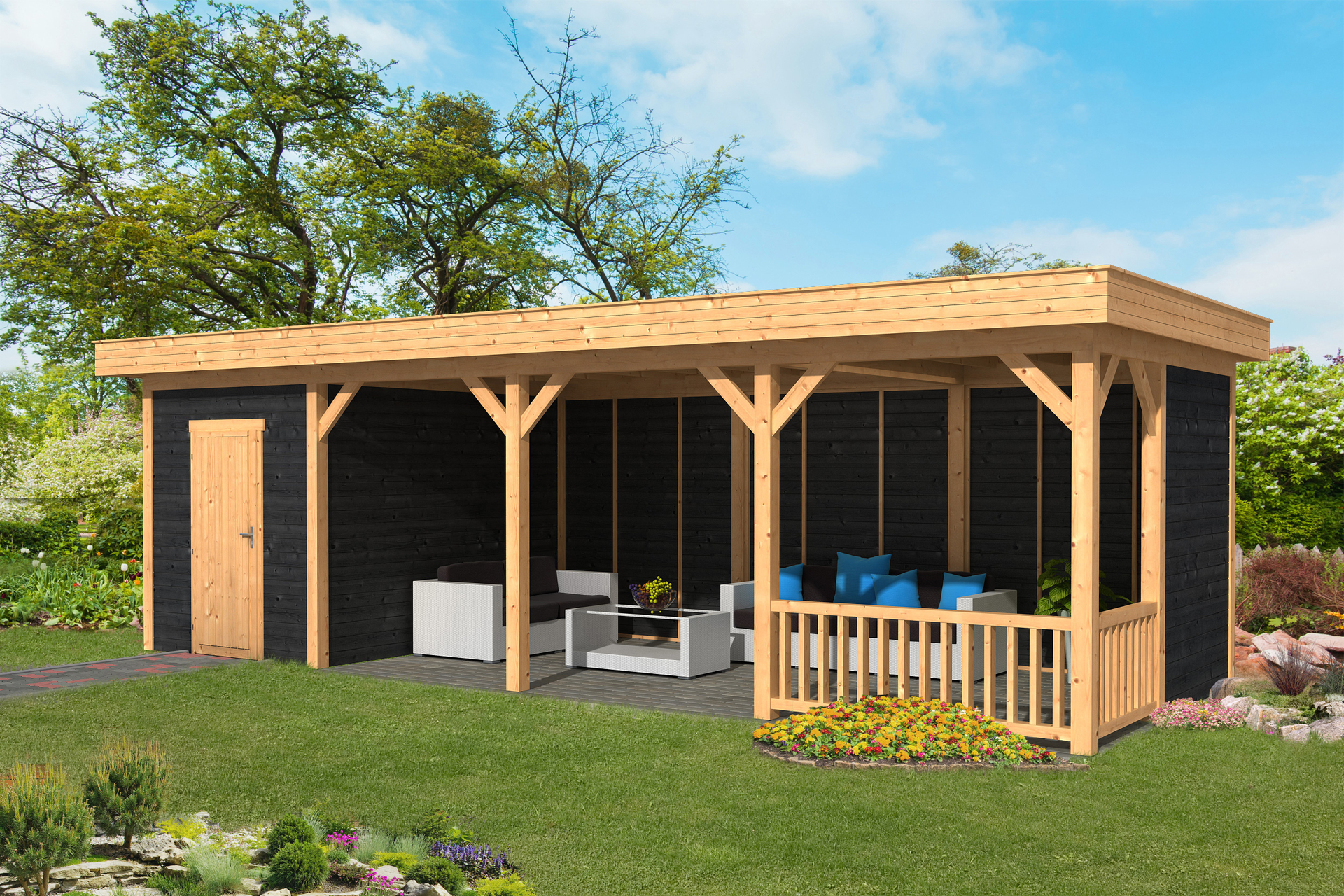 Overkapping Oslo L type 10 Douglas 895 x 371 cm - Zwarte wanden incl. EPDM