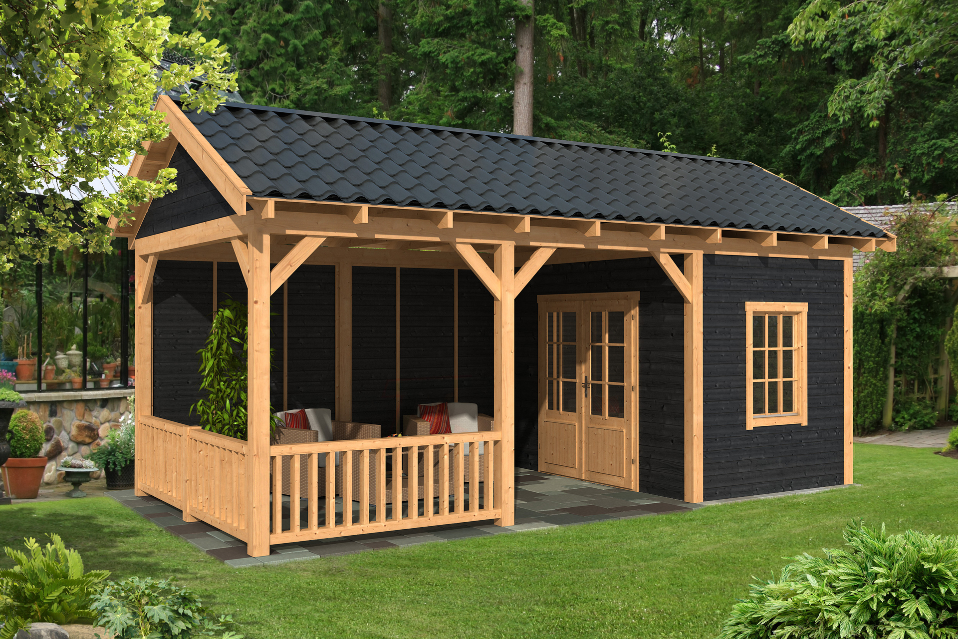 Overkapping Hamar L type 7 Douglas 690 x 395 cm - Zwarte wanden