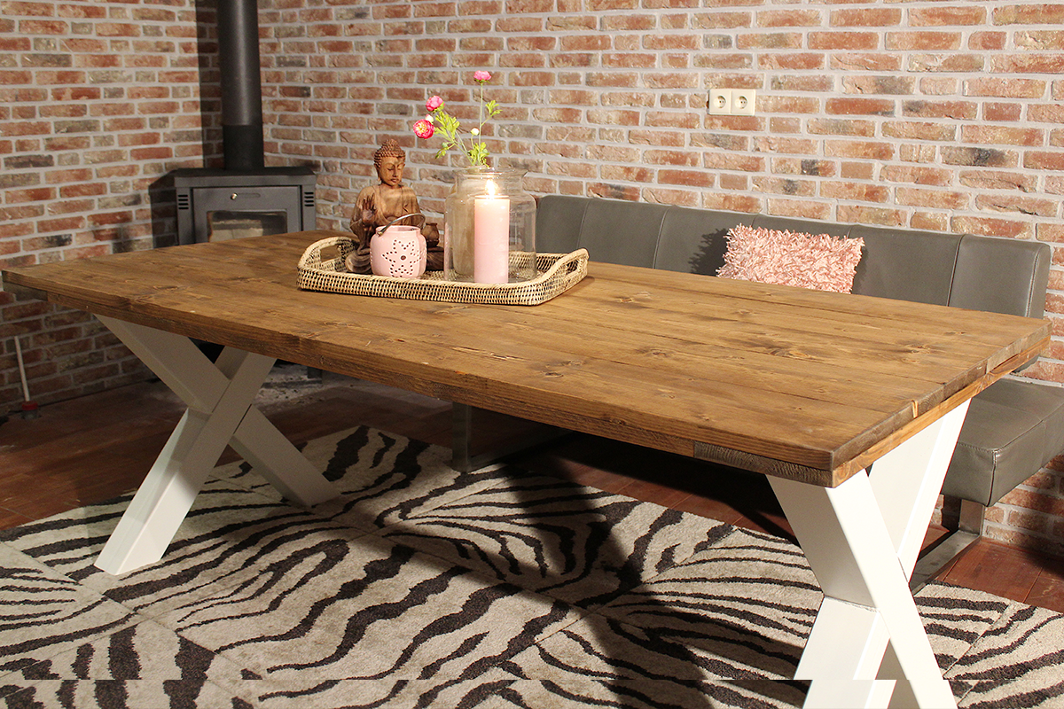 Industriële steigerhouten tafel X-poot WIT