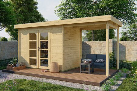 Blokhut Middelmodern 300 x 200 x 230 cm met zijluifel 200 cm - Tuinhuis