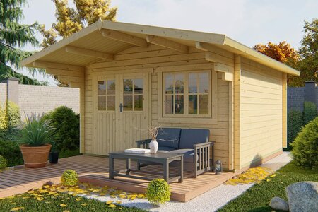 Blokhut Stian 400 x 400 x 250 cm + Luifel 140 cm - Tuinhuis