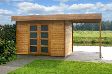 Blokhut Middelmodern 300 x 200 x 230 cm met zijluifel 200 cm - Tuinhuis