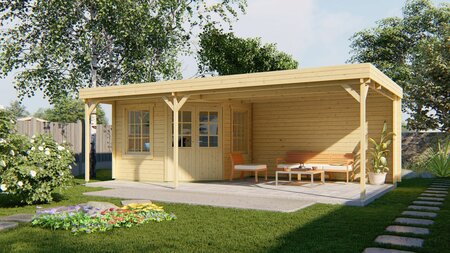 Blokhut Annette 300 x 300 cm - Tuinhuis Annette met overkapping