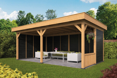 Overkapping Oslo XL type 3 Douglas 670 x 430 cm - Zwarte wanden incl. EPDM