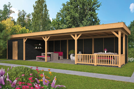 Overkapping Oslo XL type 10 Douglas 1292 x 430 cm - Zwarte wanden incl. EPDM