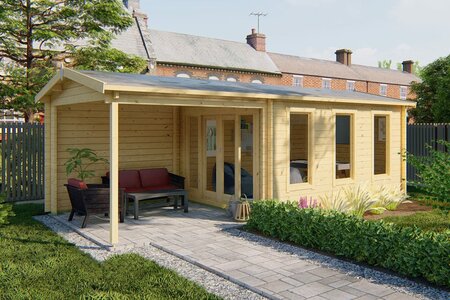 Blokhut Skeg 420 x 340 cm met zijoverkapping - 44 mm vuren onbehandeld