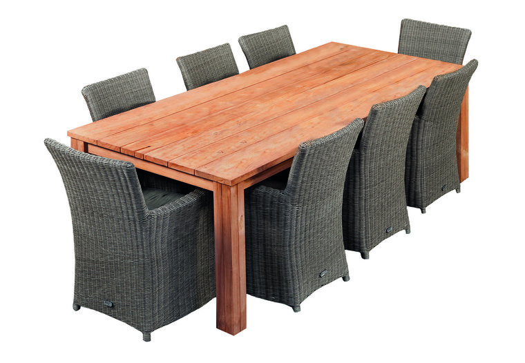 schuintrekken Beeldhouwwerk Boos worden Hardhouten tuintafel 2,5 meter + 6 wicker stoelen bruin - Countrywood