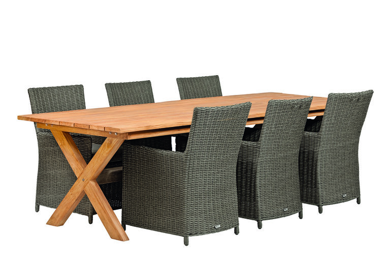 Catena Oppervlakte Medisch Hardhouten tuintafel 2,5 meter + 6 wicker stoelen bruin - Countrywood